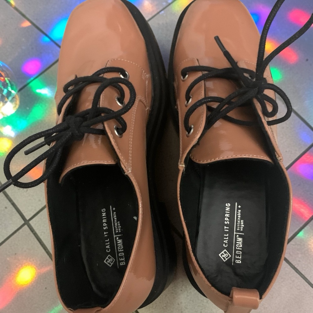 Call It Spring Brown Patent Lace-Up Shoes